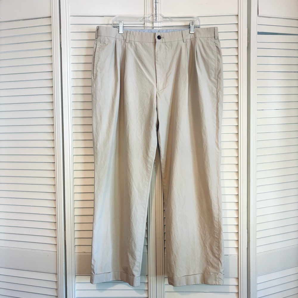 Brooks Brothers Tan Khaki Pleated Cuffed Pants Supima Cotton Men’s W40/L30